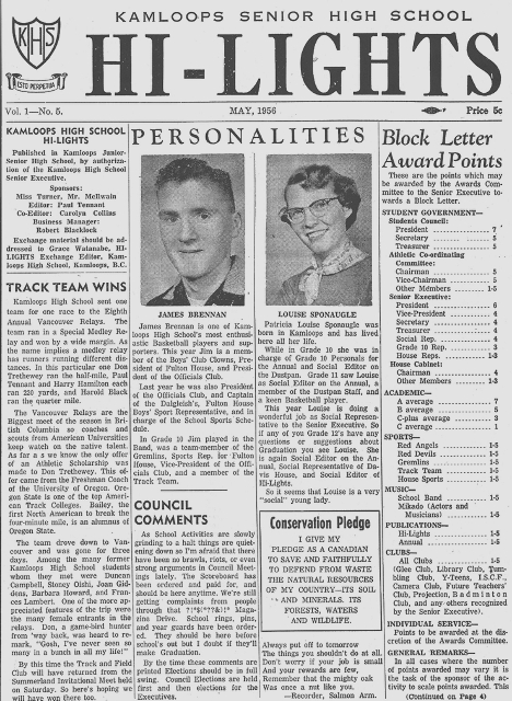 Kamloops Senior High School "Hi-Lights" - May 1956-Page 1